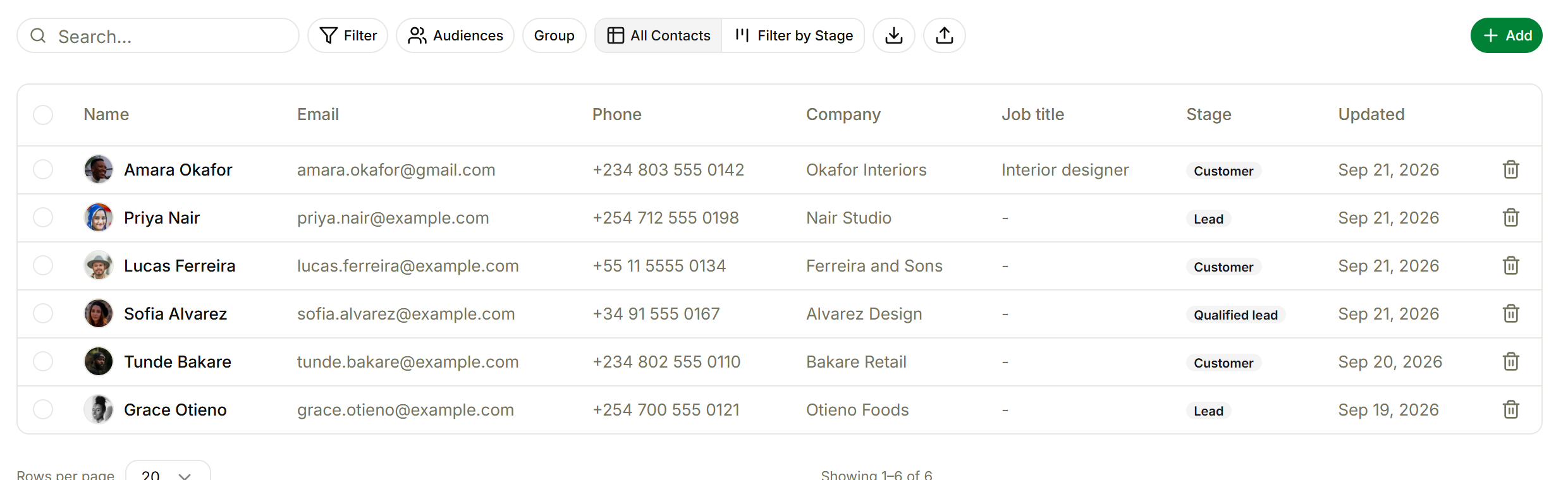 The Alps contacts table with a toolbar for search, filters, audiences, grouping, import and export