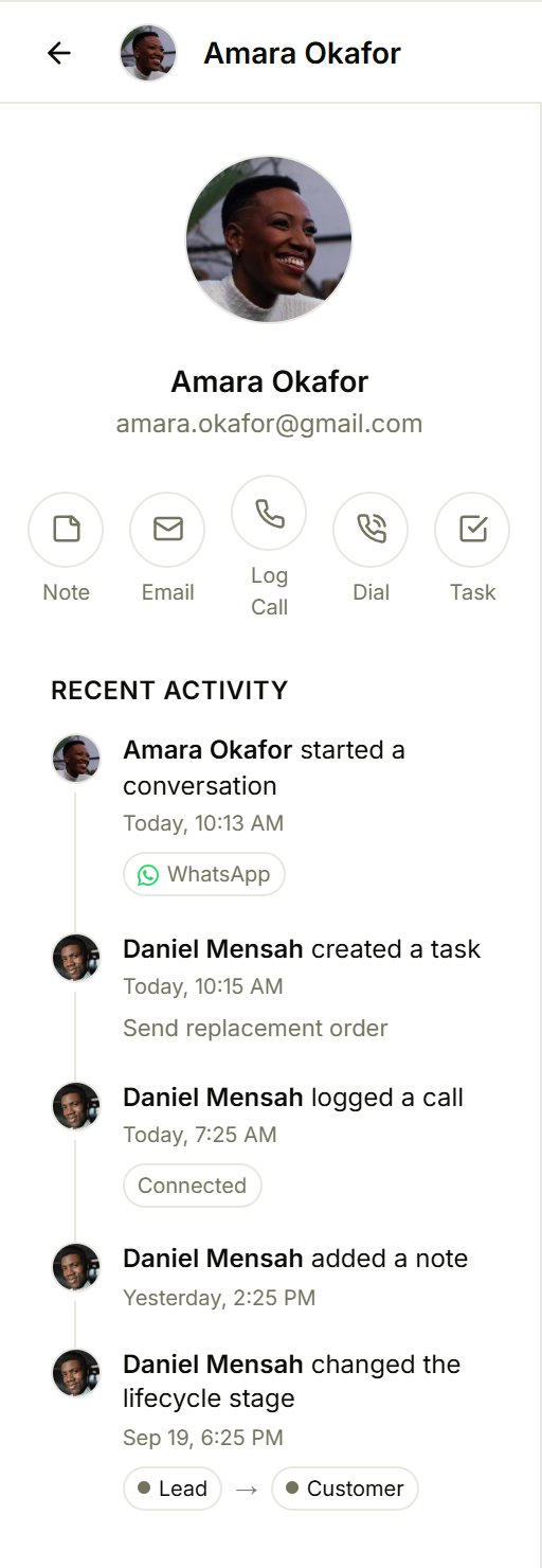 A contact profile with quick actions and a recent activity timeline
