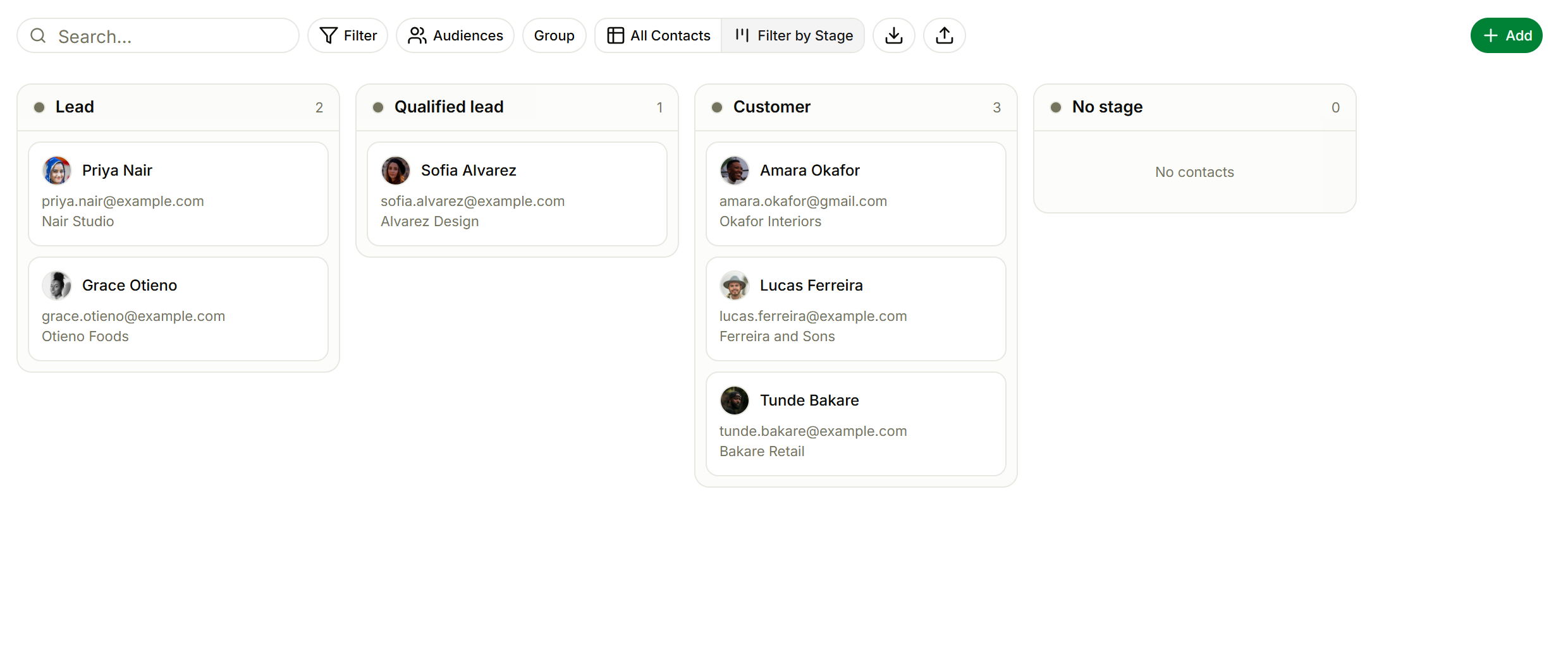 The Alps contacts board grouped by lifecycle stage: Lead, Qualified lead, Customer and No stage