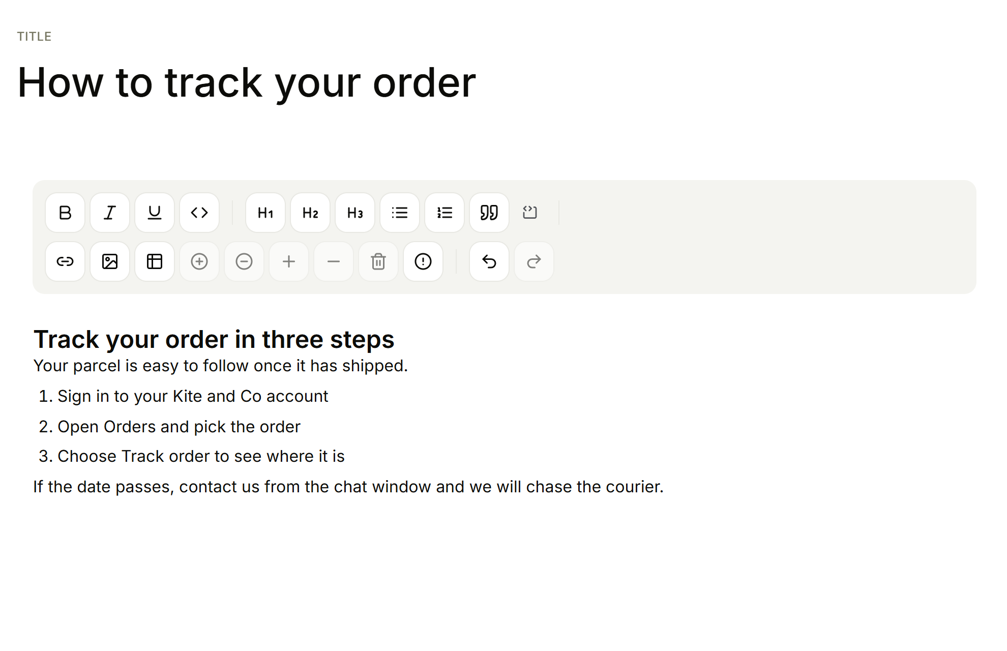The Alps article editor with a heading, three numbered steps and a formatting toolbar