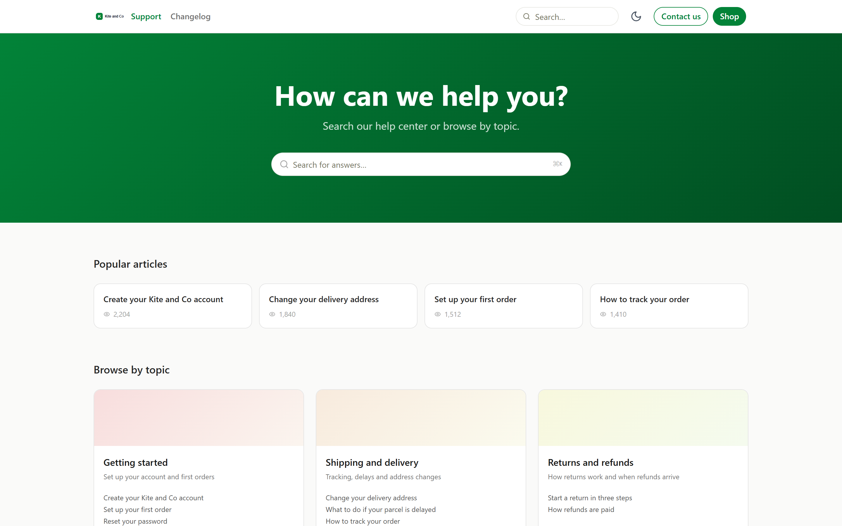 A public help center with a search bar, popular articles and topics
