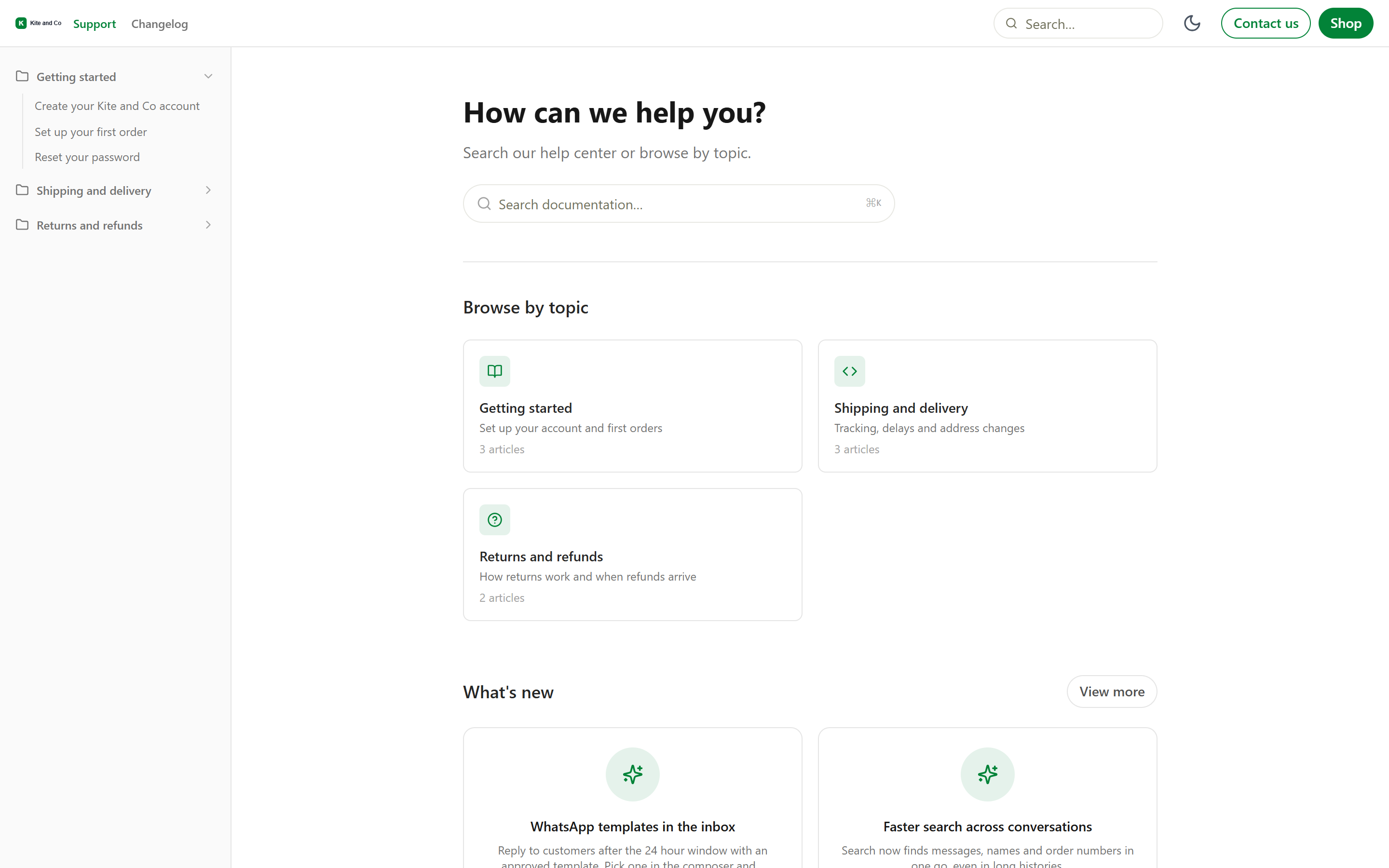 The same help center in the docs style theme