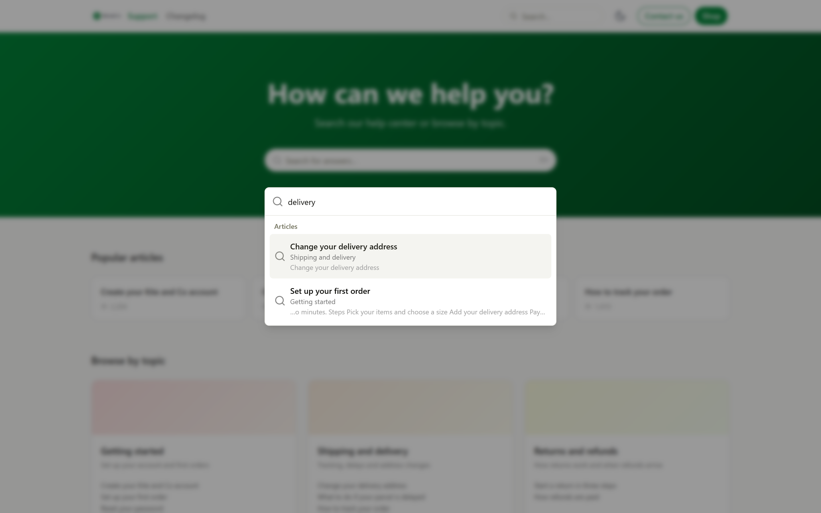 The help center search open with results for the word delivery
