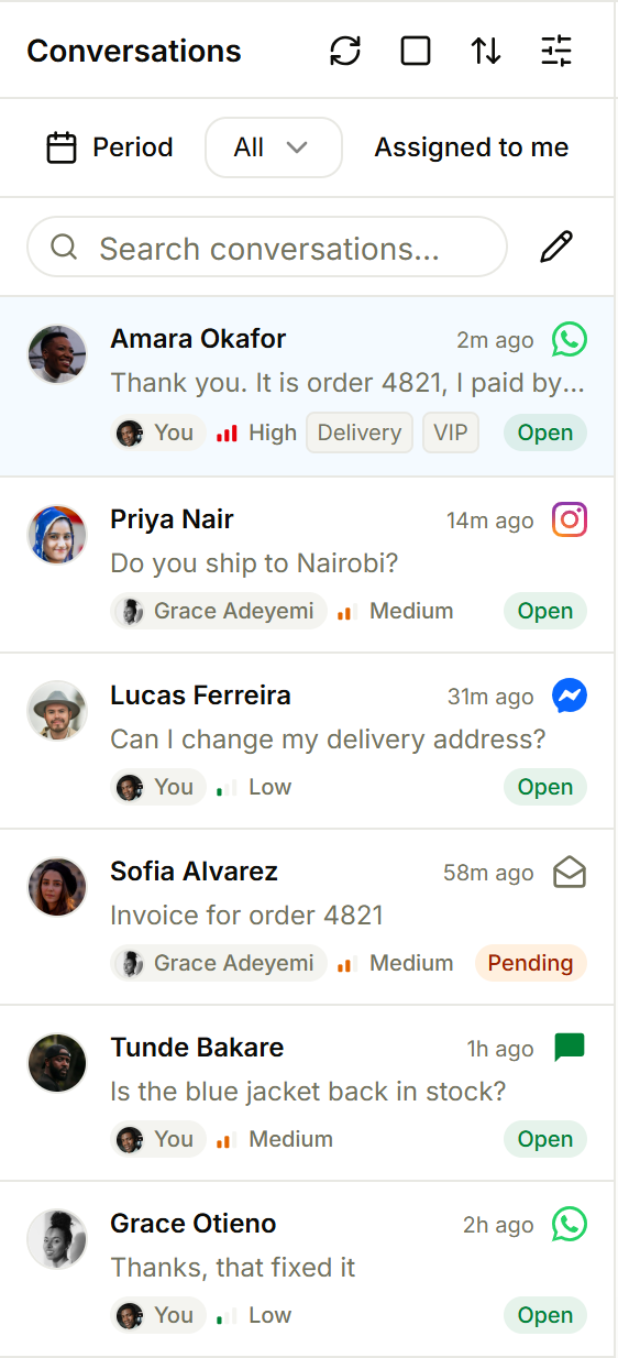 The Alps conversation list, with a channel icon, assignee, priority and status on every row