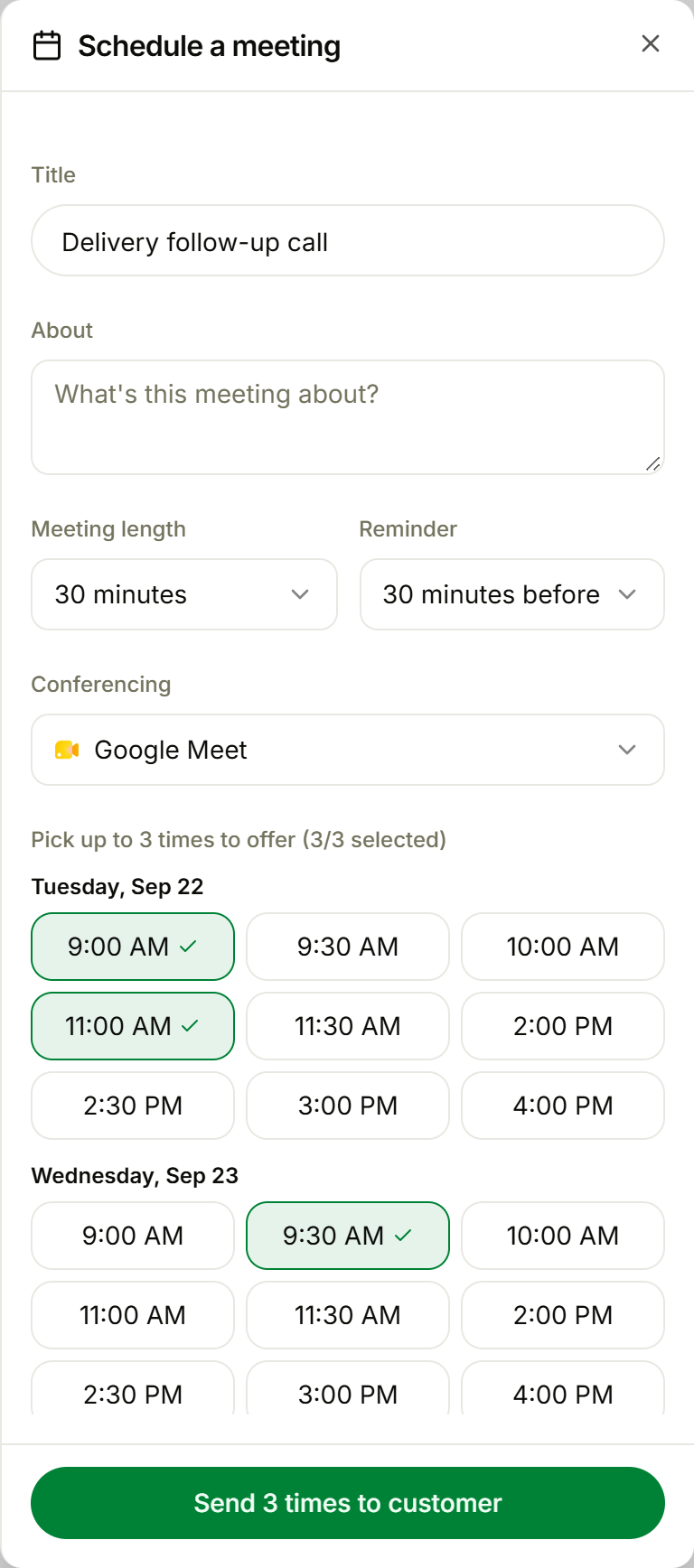 The Alps Schedule a meeting panel with Google Meet selected and three times picked