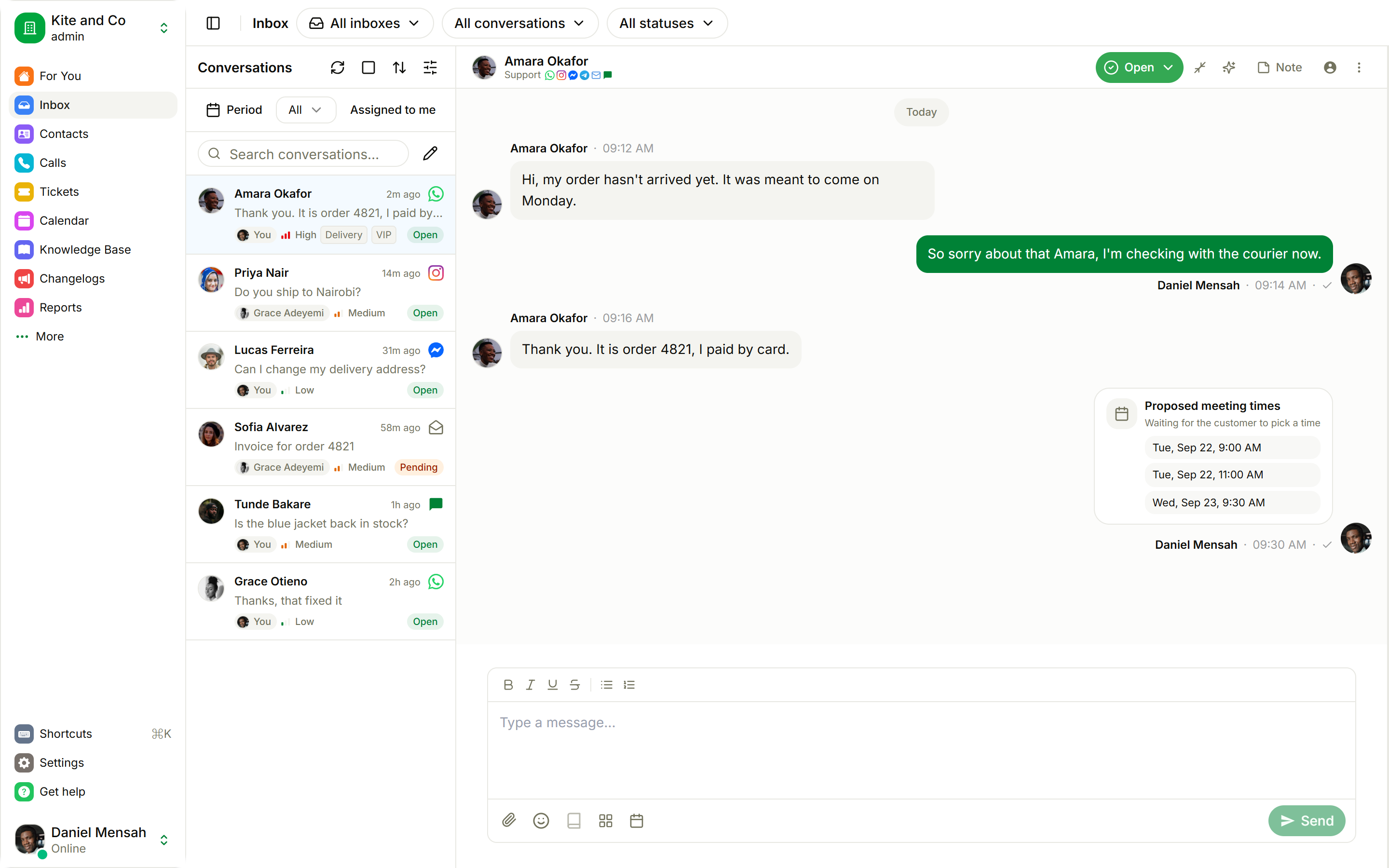 The same conversation after sending, with a proposed meeting times card inside the chat